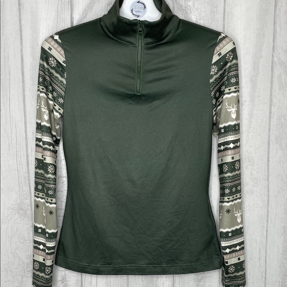 Alp N Rock Dark Green Half-Zip Top with Patterned Long Sleeves